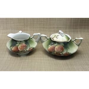 Antique P.T. Bavaria Tirschenreuth Hand Painted Apple Cream and Sugar bowl w Lid